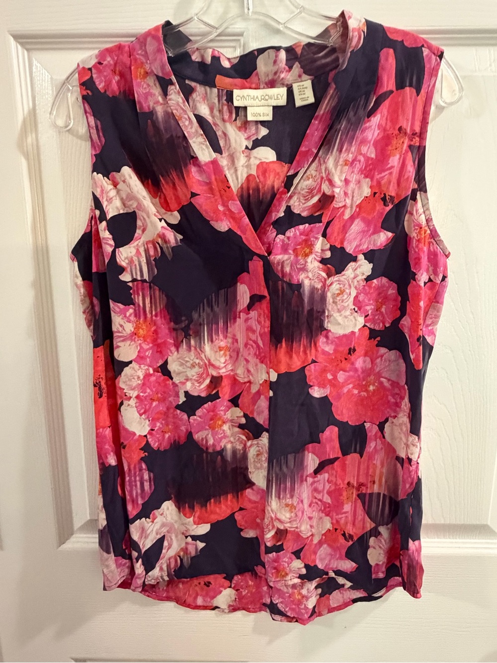Cynthia Rowley Navy Sleeveless 100% Silk V-Neck Blouse with Pink Floral Print